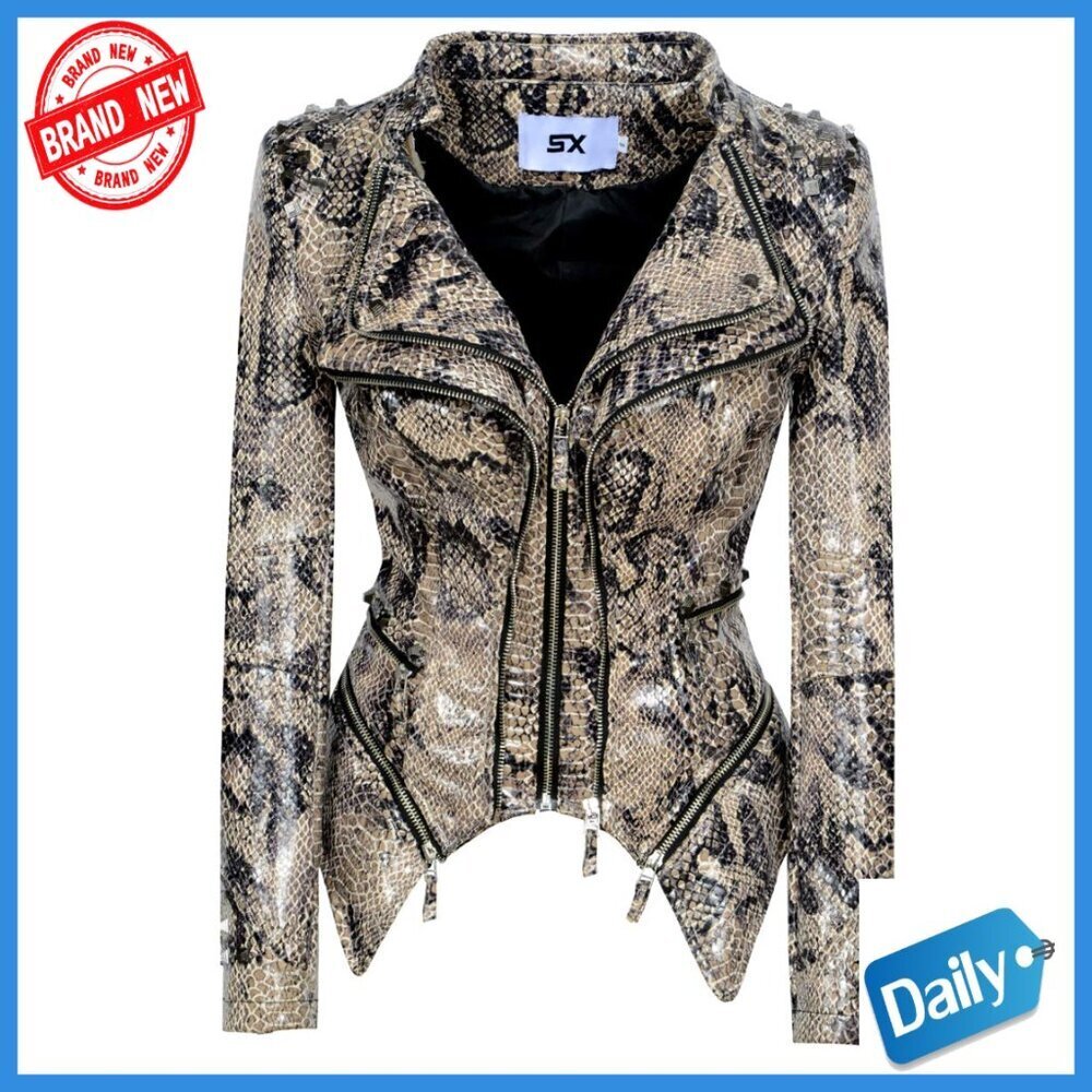 Women's Faux Leather Moto Jacket with Rivets, Zipper Closure, Standard Fit
